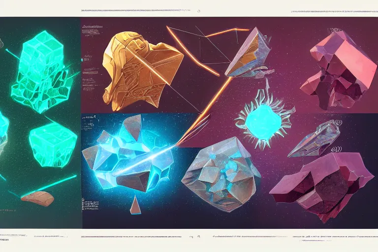 Prompt: schematic diagram of magic crystals, different colors, book, page, detailed, cross section, description, material, trending on artstation, cgsociety, Ralph McQuarrie and Greg Rutkowski