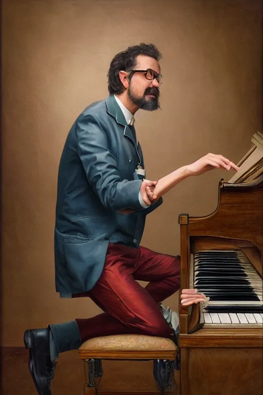 Prompt: a stunning ultra realistic fine art painting of the world's greatest kidney doctor performing on the piano, trout in pants, by tom bagshaw, studio portrait, vibrant colors, 4K