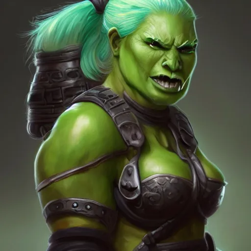 Image similar to a full bodied character portrait of a buff green orc warrior woman in full plate armor bald with a ponytail, by astri lohne, trending on artstation