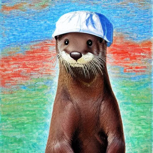 Prompt: otter in a cap drinks wine, impressionism