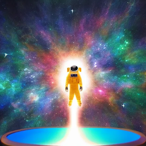 Prompt: astronaut floating in a galaxy : : glowing sun : : shining stars : : cyberdelic, nintendocore, knit, blown glass, supremely digital, unreal engine, super detailed, dreamlike lighting, god rays