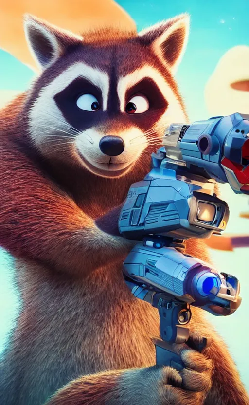 Image similar to “red racoon holding laser gun standing face to face off with blue racoon holding laser gun, cinematic, dramatic in the style of zootopia”