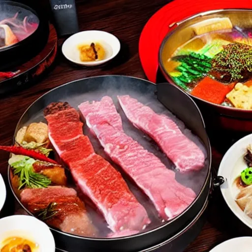 Image similar to high - end hot pot restaurant serving unicorn meat