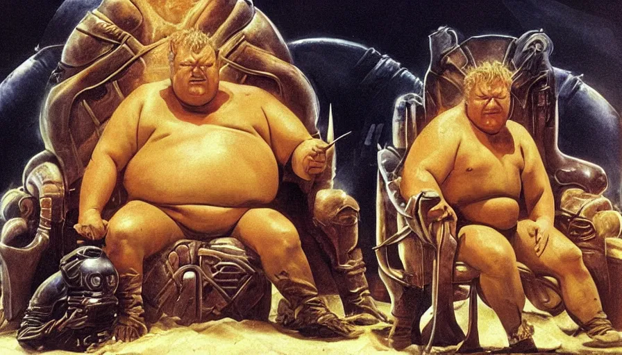 Image similar to ray winstone as baron harkonnen sitting on throne in dystopian science fiction hall in 1982 movie dune, by boris vallejo