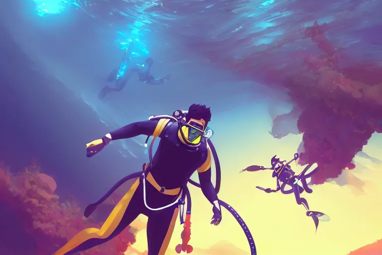 Prompt: scuba divers escaping a leviathan | hyperrealistic digital painting by makoto shinkai, ilya kuvshinov, lois van baarle, rossdraws | afrofuturism in the style of hearthstone and overwatch, trending on artstation