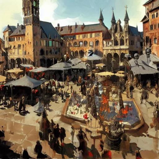 Prompt: medieval town square, detailed by greg manchess, craig mullins, bernie fuchs, walter everett