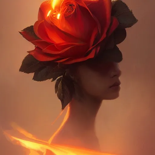 Image similar to a Rose on fire, fog, volumetric lighting, intricate, elegant, highly detailed, digital painting, artstation, concept art, smooth, sharp focus, illustration, art by artgerm and greg rutkowski and alphonse mucha