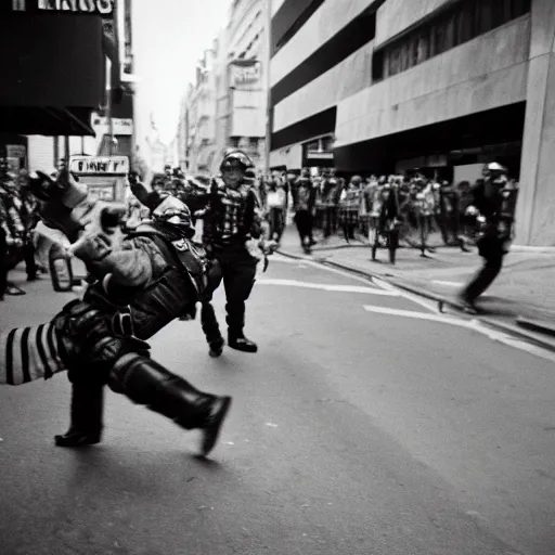 Image similar to a riot cop beating a clown, leica m 9, voigtlander 3 5 mm, 1 9 6 0 s