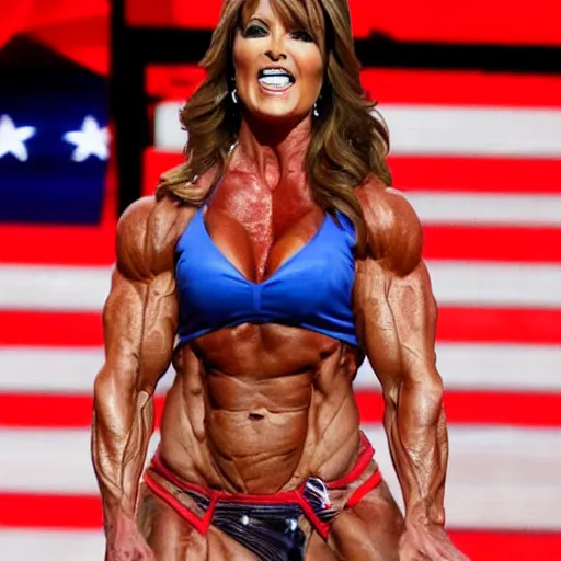 Prompt: Sarah Palin bodybuilder on steroids, huge muscles, very tan, screaming and flexing on stage at the republican national convention