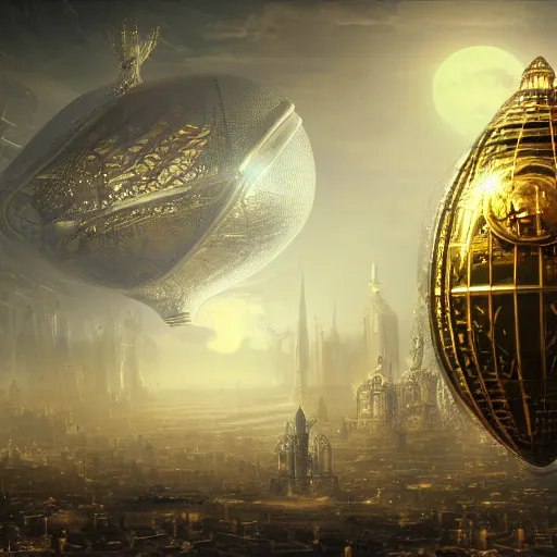 Image similar to enormous flying city in a faberge egg, sky, steampunk, fantasy art, masterpiece, hugh ferriss, octane render, peder balke