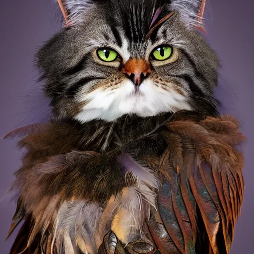 Prompt: portrait character design, a cute feathered cat, feline bird hybrid, feathers plumage, plumed by brian froud, portrait studio lighting by jessica rossier and brian froud