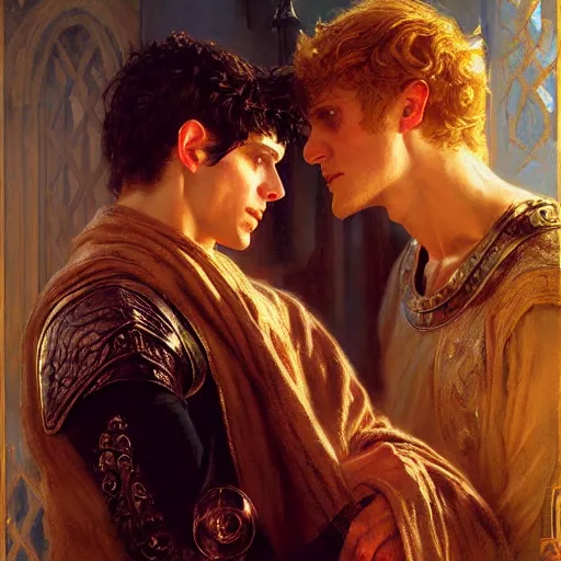 Image similar to attractive, arthur pendragon in love with attractive male, merlin the mage. highly detailed painting by gaston bussiere, craig mullins, j. c. leyendecker