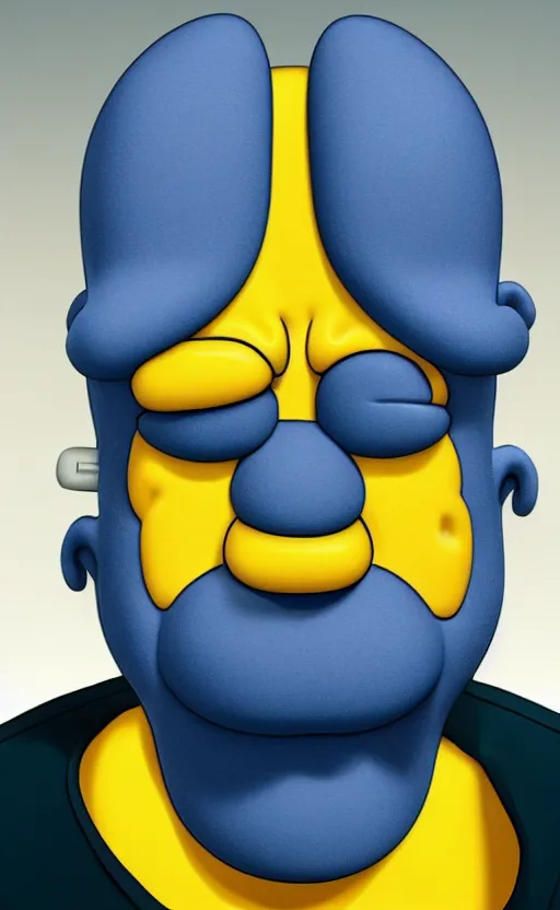 Image similar to 3D-Render of Homer Simpson in real life, hyperrealism, details, greasy face, big nose, big cartoon eyes, big lips, yellow skin, double chin, stubble, receding hairline, white shirt, close up, portrait, realism, Unreal Engine 5, 8K, photo, super-detailed, high quality, high resolution, 4K, HDR, ray tracing,