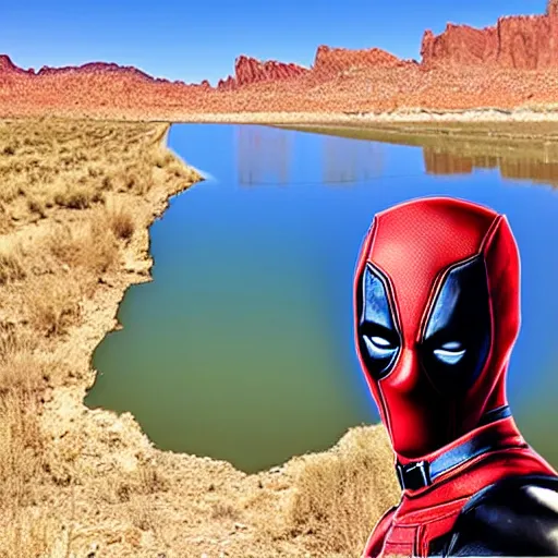 Image similar to deadpool sticking his head out of empty drained lake mead, with the words lake mead written across the top, in comic book style