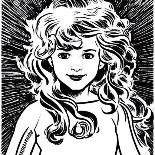 Prompt: clean simple line art of a little girl with wavy curly hair dressed as a superhero. white background. well composed, clean black and white line drawing, beautiful detailed face. illustration by steve ditko and jack kirby and alphonse mucha