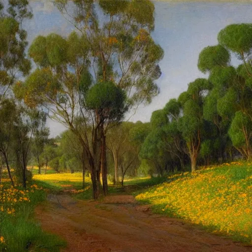 Prompt: a painting of a dirt road surrounded by eucalyptus trees and california golden poppies, woodland hill in the distance. an oil painting by Julian Onderdonk, green orange violet triadic color palette, featured on deviantart, australian tonalism, pre-raphaelite, impressionism, detailed painting