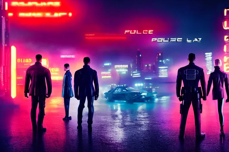 Image similar to film still of closeup beautiful futuristic police squad in blade runner 2 0 4 9, cinematic, moody, gritty neon noir by emmanuel lubezki