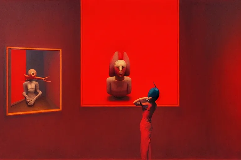 Prompt: only with red, red art thieves with disney masks, in a museum with contemporary art paintings, in the style of beksinski, parts by edward hopper, parts by rodcenko, parts by yue minjun, intricate and epic composition, red by caravaggio, insanely quality, highly detailed, masterpiece, red light, artstation, 4 k