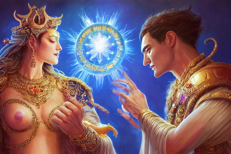 Image similar to close up moment of a divine a sun god and a moon goddess lovers magician at a wedding banquet, highly detailed, d & d, fantasy, highly detailed, digital painting, trending on artstation, concept art, sharp focus, illustration, art by artgerm and greg rutkowski and magali villeneuve