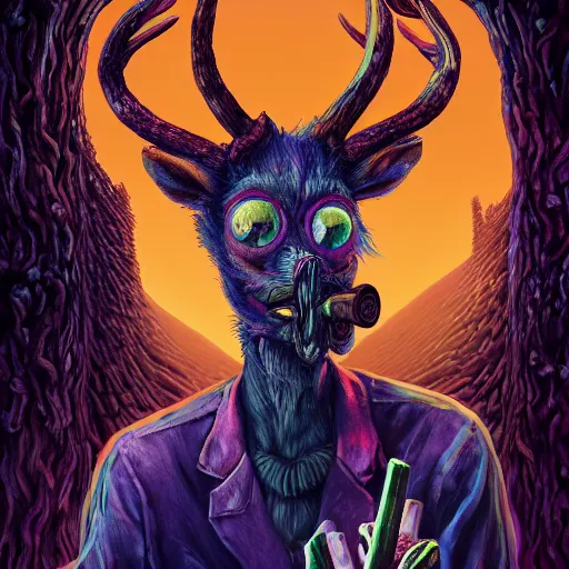 Image similar to 4 k headshot portrait of a psychedelic demonic anthropomorphic deer - horned wendigo smoking a hand - rolled cigarette smoking heavily, magic mushroom village in background. award winning. superb resolution. in the art style of junji ito and greg rutkowski. detailed mushroom city in background. hyper realistic anime. perfect art. dalle 2