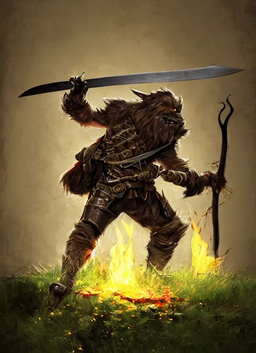 Image similar to photorealistic bugbear ranger holding sword on fire, magic, black beard, dungeons and dragons, pathfinder, roleplaying game art, hunters gear, jeweled ornate leather and steel armour, concept art, character design on white background, by sargent, norman rockwell, makoto shinkai, kim jung giu, artstation trending, poster art, colours red and green