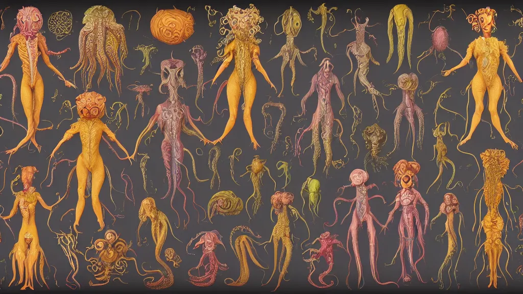 Image similar to highly detailed colorful character sheet for a stocky alien extraterrestrial victorian female servant maid with thick snake - like tentacles instead of hair, long dress with apron, ernst haeckel, jim henson creature shop, digital art, trending on artstation, hd, 8 k, good lighting, beautiful, rough paper, masterpiece