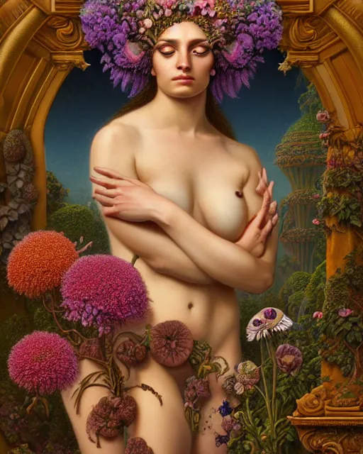 Image similar to portrait of the goddess of growth and decay, unusual beauty, flowers and plants, emotionally evoking symbolic metaphors, head in focus, fantasy, ornamental, intricate, elegant, sensual, highly detailed digital painting, artstation, concept art, painterly, golden ratio, sharp focus, illustration, art by John William Godward and Boris Vallejo and Zdzisław Beksiński,