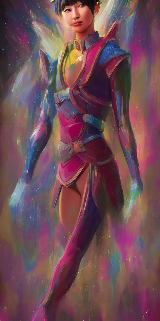 Prompt: Sexy Japanese teen Celestial being from Thor Ragnarok, painted in any bright colors holographic pearlescent, elegant, digital painting, concept art, smooth, sharp focus, art style from Moebius and James Jean, small style cue from Blade Runner