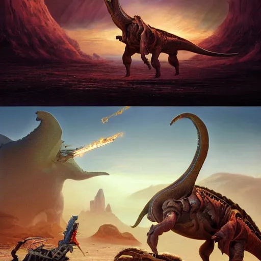 Image similar to hard metal rockers riding dinosaurs in the space desert, boris vallejo style, steampunk, hyper detailed, digital art, cinematic lighting, concept art by artgerm and greg rutkowski and caravaggio and moebius and jakub rebelka, 8 k