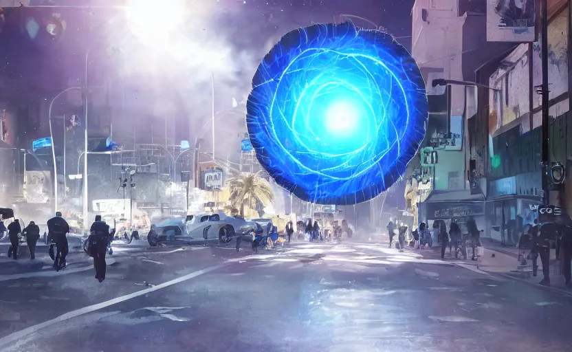 Image similar to people with posters attacking cops, a huge blue spiral - shaped white luminous attractor is floating on the horizon near the sun, stores in los angeles with light screens all over the street, concept art, art for the game, professional lighting, dark night lighting from streetlights