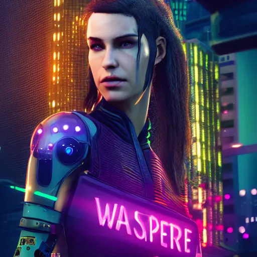 Image similar to rachel wise portrait, Cyberpunk 2077, cyberpsycho, photorealistic, ultra detailed, neon, octane, bokeh, cyber, cyberpunk city, feature, scars, cyberface, 8k