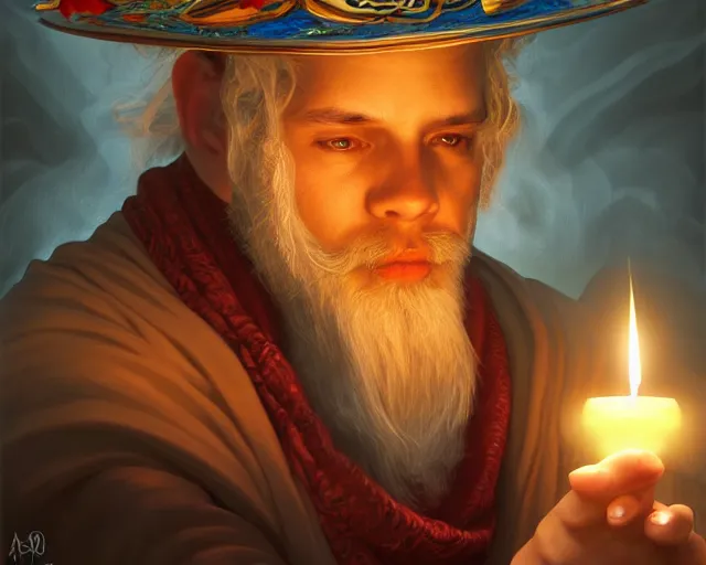 Prompt: a mind - blowing portrait of a fortune seeker male, holding a candle holder, wearing a silly hat, aquatic clothing, intelligent, deep focus, d & d, fantasy, intricate, elegant, highly detailed, digital painting, artstation, concept art, matte, sharp, illustration, hearthstone, art by artgerm and greg rutkowski and alphonse mucha