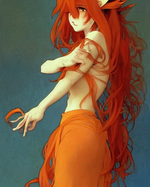 Image similar to A cute painting of a very very beautiful anime skinny foxgirl with curly orange colored hair and fox ears on top of her head wearing a nice red dress with quake 3 symbolic looking at the viewer, elegant, delicate, soft lines, higly detailed, smooth , pixiv art, ArtStation, artgem, art by alphonse mucha Gil Elvgren and charles reid, high quality, digital illustration, concept art, long shot