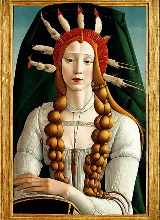 Image similar to portrait of young woman in renaissance dress and high headdress, art by sandro botticelli