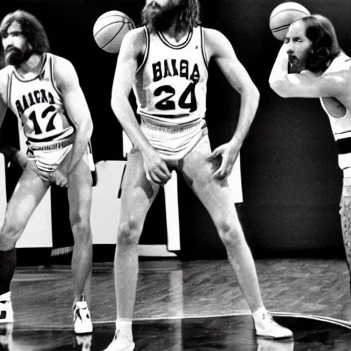 Image similar to 7 0 s television image of an nba basketball board cast, depicting charles manson shooting free throws, by errol morris