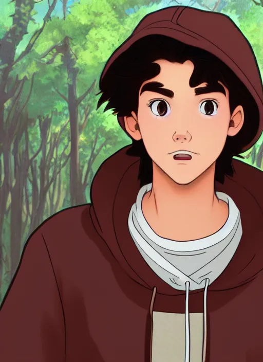 Prompt: teen boy with brown hair and big blue eyes, wearing a hoodie, natural lighting, path traced, highly detailed, high quality, cartoon, digital painting, by don bluth and ross tran and studio ghibli and alphonse mucha
