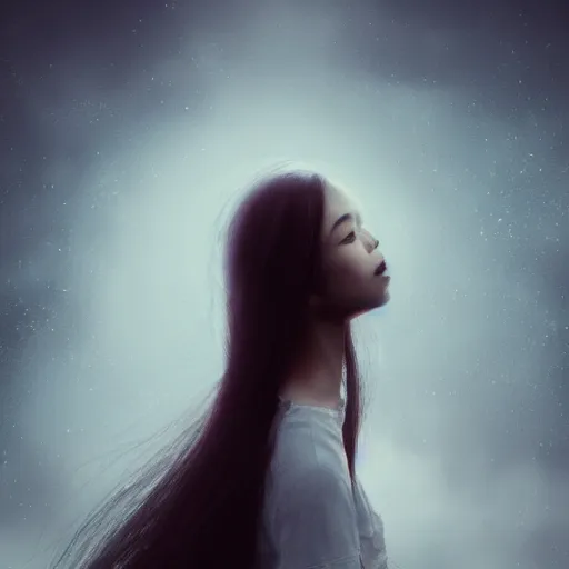 Image similar to a thin, pretty young Filipino woman with long hair floats dramatically in the air in a dreamy world in the distance, her face is shaded, very beautiful, inspiring, dramatic lighting, abstract digital art, trending on artstation