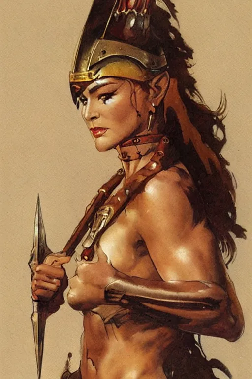Prompt: a portrait of a female warrior by Frank Frazetta and ross tran