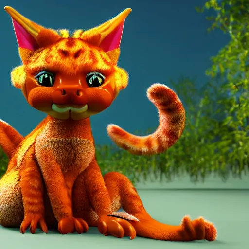 Image similar to a hyper realistic render of a cute eastern dragon with big eyes and friendly + a cute cat