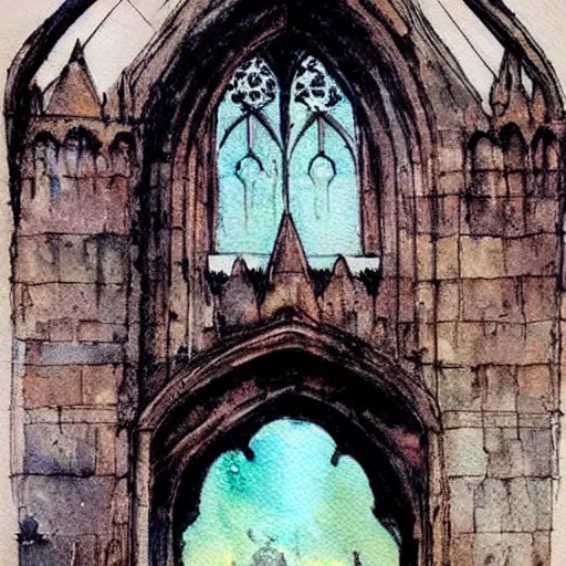 Prompt: (((((((watercolor sketch of Gothic revival castle gatehouse. painterly, book illustration watercolor granular splatter dripping paper texture. pen and ink))))))) . muted colors. by Jean-Baptiste Monge !!!!!!!!!!!!!!!!!!!!!!!!!!!!!!!!!!!!!!!!