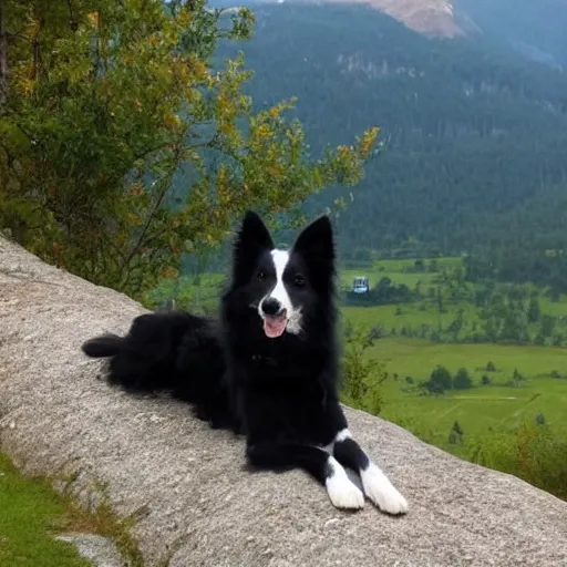 Prompt: a border collie sat outside a mountain cottage