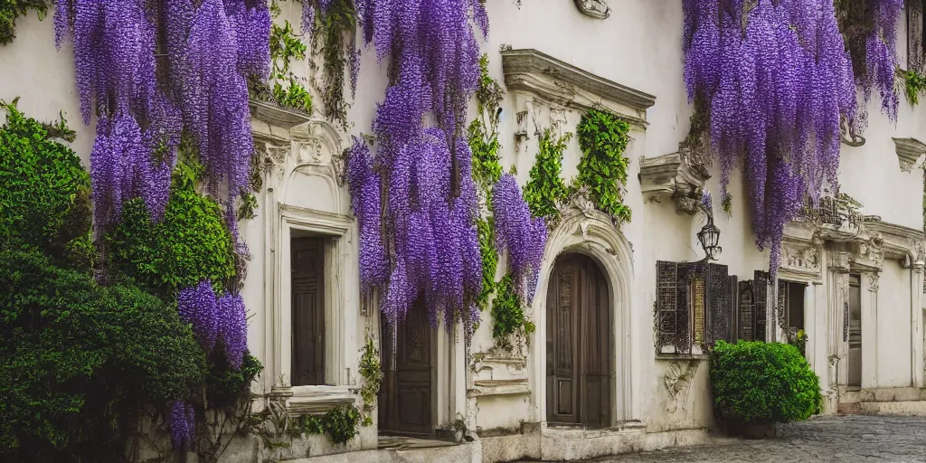 Image similar to photo of a rococo house with wisteria flowers, wallpaper, arhitectural shot, national geographic, award arhitectural photography, professional arhitectural photography, sunny, day time, beautiful, warm light, fernando guerra, tekla evelina severin, karen vikke