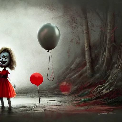 Image similar to grunge cartoon landscape painting of bilie eilish with a wide smile and a red balloon by - michal karcz, loony toons style, pennywise style, horror theme, detailed, elegant, intricate