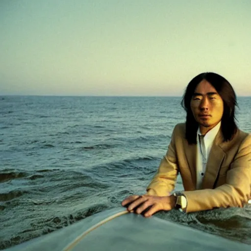 Prompt: japanese man with long hair in a beige suit standing in the ocean looking at the camera, wide shot, far!!!!!!! away, zoomed out, distance!!!!!!! shot, sunset, centered!!!!!!!!!!, album cover, tatsuro yamashita, 1980, ride on time