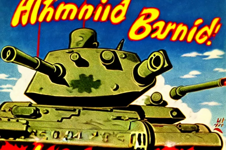 Image similar to 1940s, war, anime, poster, smiling tanks