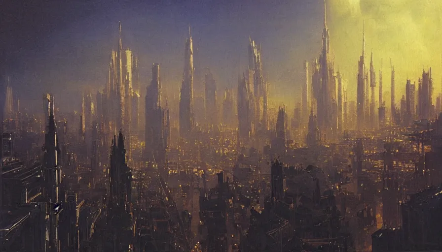 Image similar to city of golden shadows, intricate detailed painting, cityscape, john harris, reflective lighting