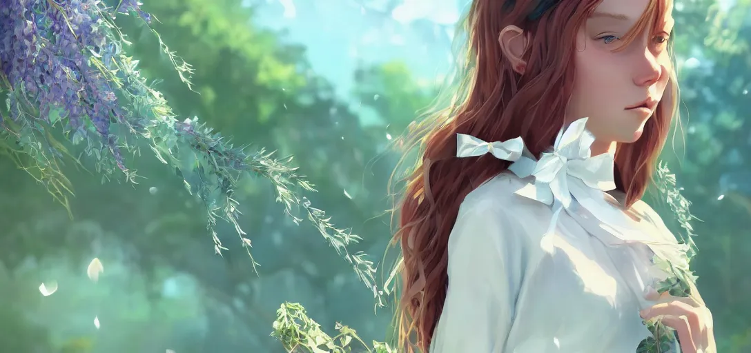 Prompt: a beautiful southern woman named Savannah, innocent, somber turquoise eyes, freckles, long ginger hair tied with white ribbon, sad under a wisteria plant, gentle lighting, storm in the distance, western clothing, dress, digital art by Makoto Shinkai ilya kuvshinov and Wojtek Fus, digital art, concept art,