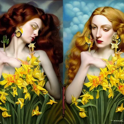 Image similar to dynamic composition, woman with hair of ( daffodils )!! and ( spring flowers ) wearing ornate earrings, ornate gilded details, a surrealist painting by tom bagshaw and jacek yerga and tamara de lempicka and jesse king, wiccan, pre - raphaelite, featured on cgsociety, pop surrealism, surrealist, dramatic lighting