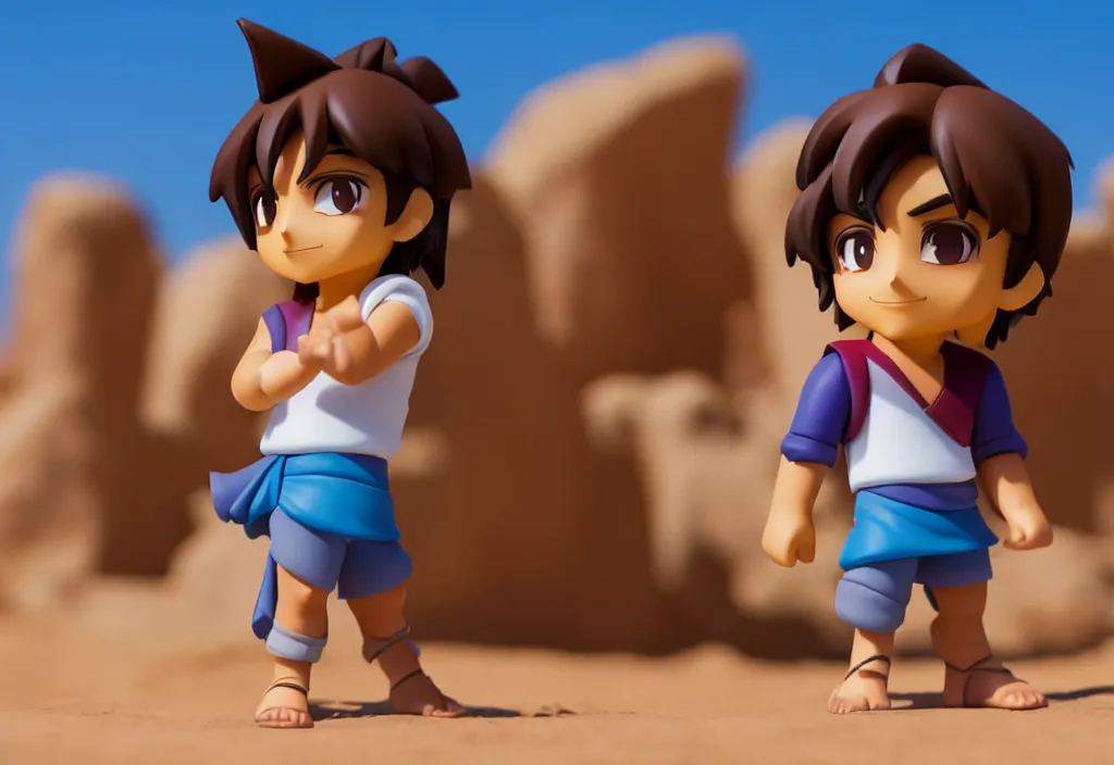 Prompt: side view of young aladdin as nendoroid walking in a desert village, 8 k, hd, dof, kodak film,