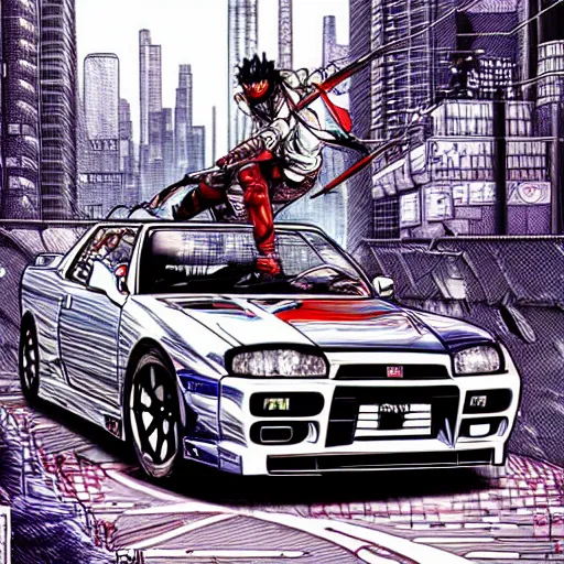 Image similar to beautiful hyper-detailed full colour manga illustration of a robot ninja warrior with a sword, driving through the city, in a modified Nissan skyline r34, cyberpunk, dystopian